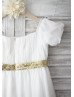 Ivory Chiffon Sequin Sash Short Sleeves Boho Knee Length Flower Girl Dress 